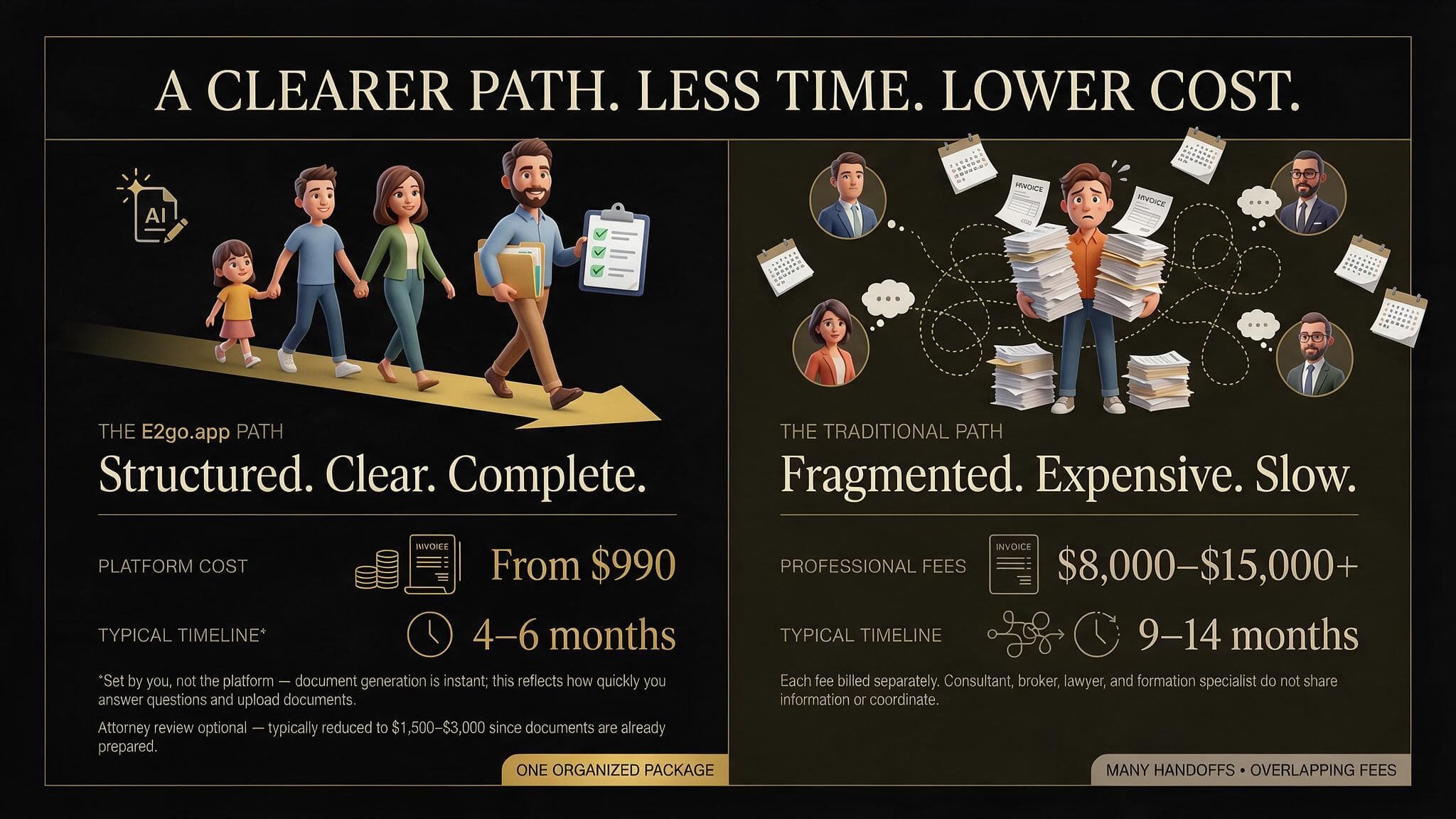 A clearer path, less time, lower cost: E2go.app platform cost and timeline versus the traditional path's professional fees and timeline